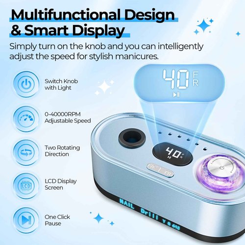 JOSGLOI Electric Nail Drill Professional: 40000RPM Electric Nail File Kit E File Nail Drill Machine with LCD Display for Acrylic Gel Nail, Manicure Pedicure Polishing Nail Grinder for Salon Home Use
