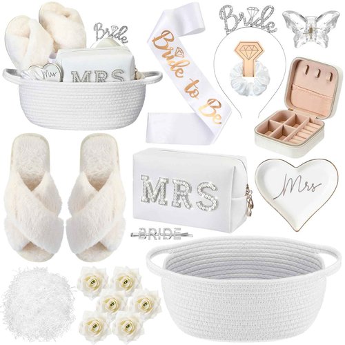 Baderke 17 Pcs Bride to Be Gift Basket for Bridal Shower, Bridal Box with Basket, Makeup Bag, Slippers, Headband, Sash, Mrs Ring Dish, Jewelry Box and More for Wedding Engagement Gift(White)
