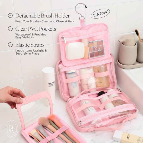 BEAUTYGOODIES Pink Hanging Toiletry Bag for Women, Travel Toiletry Bag for Makeup, Clear Bags for Easy Packing, Bag for Toiletries, Flight Curise Roadtrip Bag to Hold and Hang even at Home.