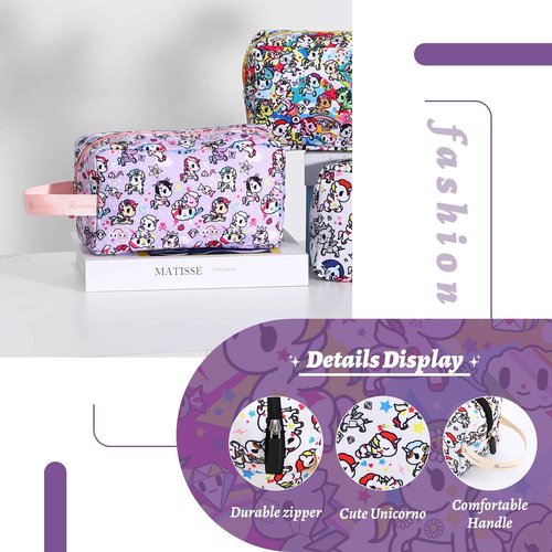 Tokidoki Unicorno Travel Makeup Bag for Women,Cute Large Capacity Cosmetic Pouch Cartoon Portable Makeup Toiletry Bag for Traveling Work Office (Purple)
