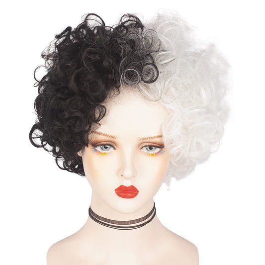 Askuang Black and White Wig for Cruella de Vil Costume Cosplay Short Curly Fluffy Afro Half Black Half White Wig Heat Resistant Synthetic Cosplay Wigs for Halloween Christmas Carnival Party