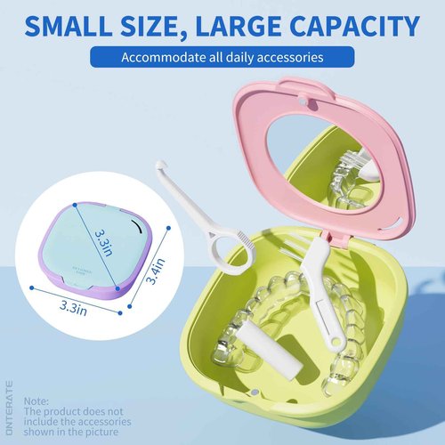 ONTERATE Magnetic Retainer Box with Mirror, Compact Denture Case with Vent Holes & Retainer Remover Tool & Chewies & Brush, Protable Aligner Cleaner Case for Night Mouth Guards, Braces (Pink Green)
