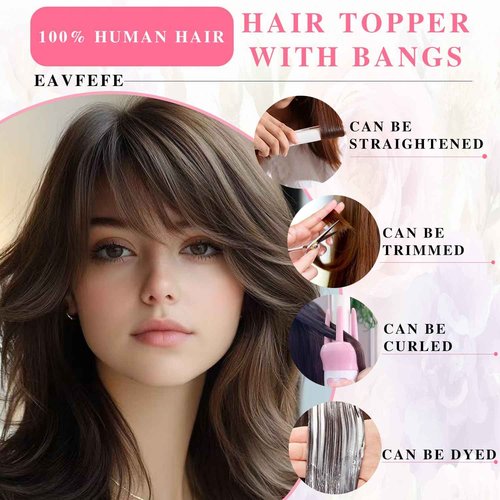 EAVFEFE 14" Long Hair Toppers for Women - Real Human Hair 4# Medium Brown, 360° Full Cover with Bangs & 2 Clips | Volumizing for Thinning Hair (14in 4#)