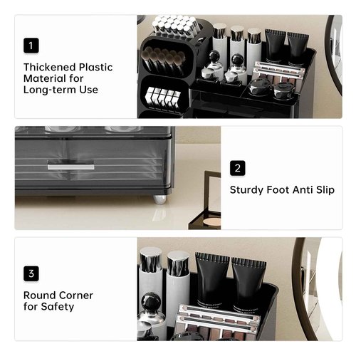 UFORU Makeup Organizer for Vanity with Brush Holder, Countertop Skincare Organizer with 2 Drawers, Spacious Cosmetic Display Case for Perfumes, Cologne, Shaving Lotion