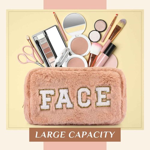 Paterr 4 Pieces Preppy Makeup Bag Chenille Letter Faux Fur Fluffy Bag Preppy Stuff Face Skin Hair Stuff Cute Toiletry Cosmetic Travel Bags Pouch with Zipper for Girls Women(Pink Brown)
