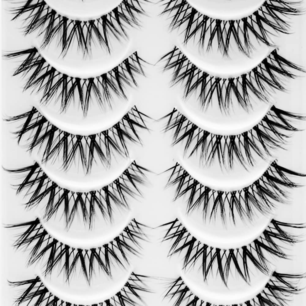 Bershnor False Lashes 3D Cat-Eye Volume Eyelashes Clear Band Lashes Natural Look Faux Mink Invisible Strip Wispy Fake Lashes 10 Pairs