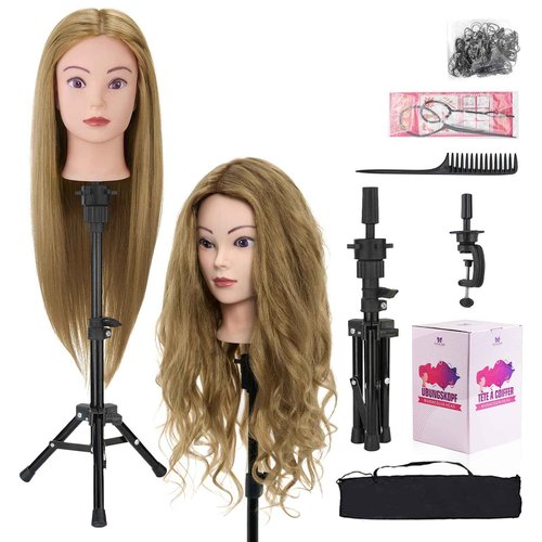 28 Inch Mannequin Head 80% Human Hair with Tripod Stand,Mannequin Cosmetology Manikin Practice Doll Head with stand,Braiding Hairdressing Head for Hair Styling with Table Clamp + DIY Hair Styling Set
