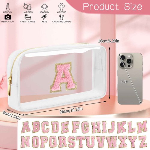 LOFOWN Initial Clear Makeup Bag Small Cosmetic Bag Travel Toiletry Bag Clear Zipper Pouch Purse Organizer Bags for Women (White-M, K)