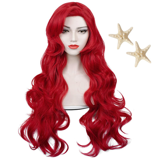 Red Mermaid Wigs for Women, Long Red Body Wave Wig+ Wig Cap for Little Mermaid Costume Halloween Cosplay