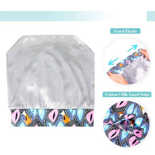 Geyoga 4 Pcs Women's Chemo Hat Slouchy Beanie Cancer Headwear Head Wraps Sleeping Turban Hats Head Scarf for Cancer Patient(Blue Lattice, Green Stripe, Blue and Pink, Navy)