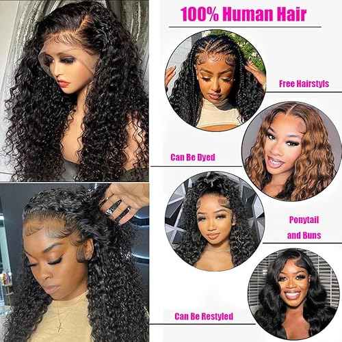 JTMMP 13x6 Deep Wave Lace Front Wigs Human Hair 200% Density 26 Inch Curly Human Hair Wig for Women Natural Black HD Transparent Lace Glueless Frontal Wigs Human Hair Pre Plucked