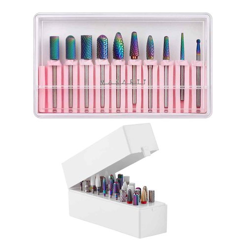Makartt Nail Drill Bits Set with Nail Drill Bits Holder Bundle, 10Pcs Tungsten Carbide Nail Drill Bits, Nail Bits Organizer Container 30 Holes Manicure Tools (Not Inlcude Drill Bits)