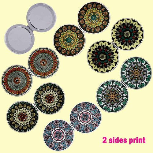 Beaufy Small Compact Mirror Magnifying Travel Pocket Mirrors Handheld Foldable Mini Size with 1x 2X Magnification for Purse Handbag - Embossed Mandala Design for Girls Women Pack of 6
