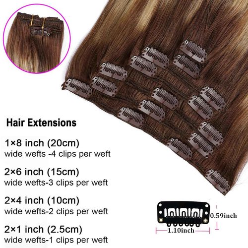 ORIGEN Clip in Hair Extensions Real Remy Human Hair Chocolate Brown to Caramel Blonde Highlights Straight Hair for Women 7pcs 80g 12 Inches