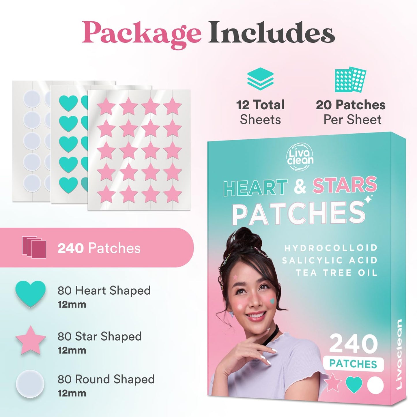 LivaClean 240 CT Heart & Star Pimple Patch w/Salicylic Acid & Tea Tree Oil, Pimples Patches, Pimple Patches Heart, Pimple Patch Cute, Zit Patch, Cute Pimple Patches, Heart Pimple Patches for Face