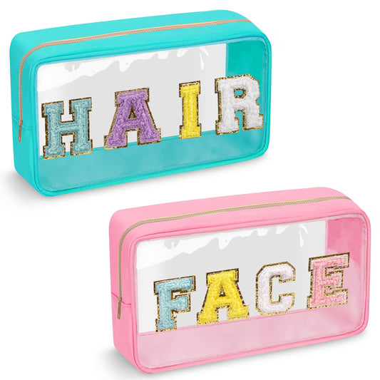 2 Pack Chenille Letter Clear Makeup Bags Face Hair Pouch, Preppy Patch Travel Face Bag Pink Clear Pouches With Zipper, Travel Hair Bags for Hair Stuff Waterproof Cosmetic Toiletry Storage(HAIR+FACE)