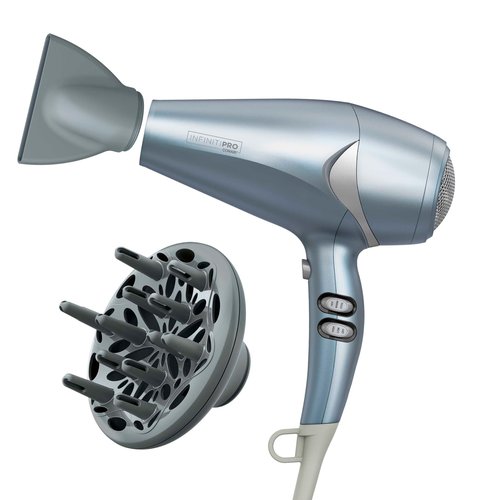 Infiniti PRO CONAIR Hair Dryer with Diffuser and Concentrator, 1875W Style & Shine Blow Dryer with Tourmaline and Ionic Conditioning to Fight Frizz, 3 Heat & 2 Speed Settings, Blue
