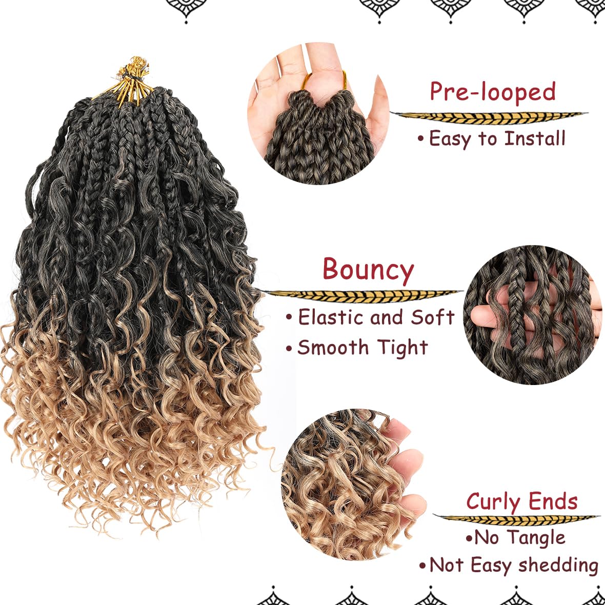 Beverlee 10 Inch 8 Packs Boho Box Braids Goddess Box Braids Crochet Hair Bohemian Hippie Braids Braiding Hair Box Braids with Curly Ends Messy Pre-looped Synthetic Crochet Hair for Black Women T27#