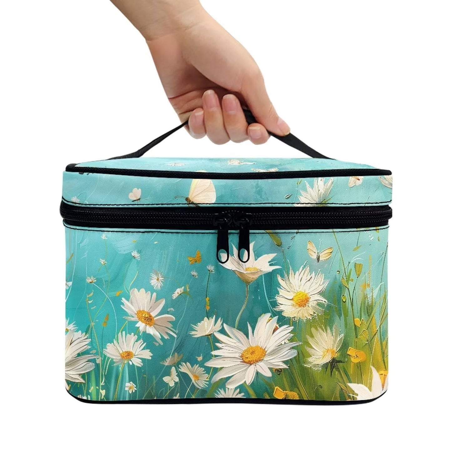 Biyejit Oil Painting Daisy Makeup Bag Cosmetic Bag for Women Cosmetic Portable Travel Makeup Bag Large Travel Toiletry Bag Make Up Bag Brush Bags Reusable Toiletry Bag