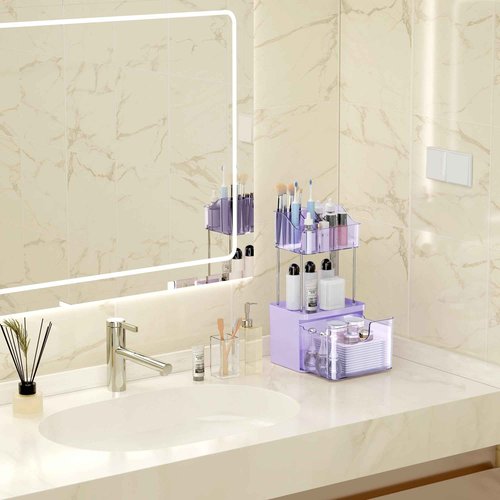 DOADW Small Makeup Organizer with Drawer - 3 Tier Bathroom Organizer Countertop - Multi-Purpose Skin Care for Vanity, Cosmetic Counter Organizer (Purple)
