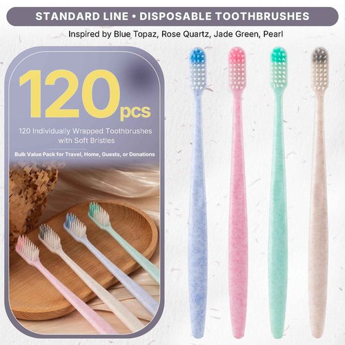 Fresings 120-Pack Disposable Toothbrushes Individually Wrapped, Soft Bristle Bulk Travel Toothbrush for Adults, Kids, Guest, Hotel, Home, Camping, Donation – 4 Colors, Mini Manual Value Pack