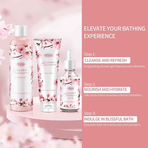 Beautifier Life Bath and Body Gift Set for Women - Luxurious Home Spa Gift Set,Japanese Cherry Blossom 7-Piece Set Including Shower Gel,Body Lotion,Bath Oil,Bath Salt,Soap,Bath Bombs and Candle