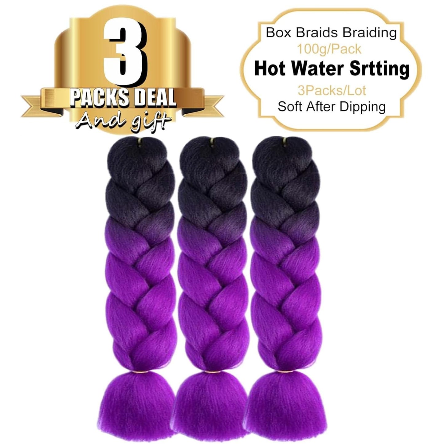 TENGSHUO FLY Black to Purple Braiding Hair 3 Packs Synthetic Braid Hair Extensions Jumbo Ombre Braiding Hair 24 Inch or Box Braids Twist Crochet Braids(24"3Pack,Black to Purple)