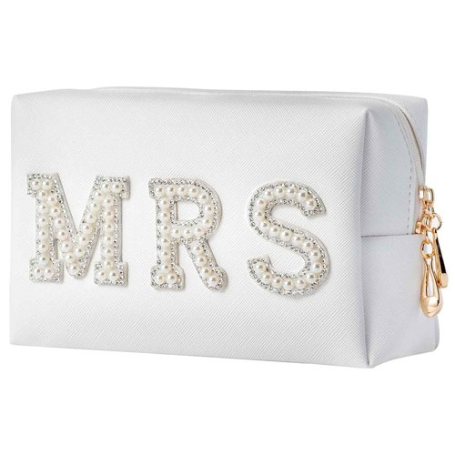 Bride Makeup Bag, Bride Patch MRS Cosmetic Bag, Pearl Rhinestone Letter Toiletry Bag, Wedding Bag, Portable PU Leather Waterproof Zipper Pouch, Bride Gift, Bridal Shower Gift, Engagement Gift
