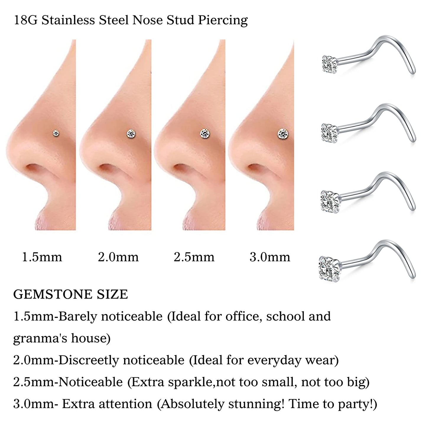 Nose Piercing Gun Kit,Disposable Self Nose Piercing Gun Nose Piercing Kit with 316L Stainless Steel 18G CZ Nose Screw Studs Rings Piercing Jewelry with Diamond 1.5mm 2mm 2.5mm 3mm