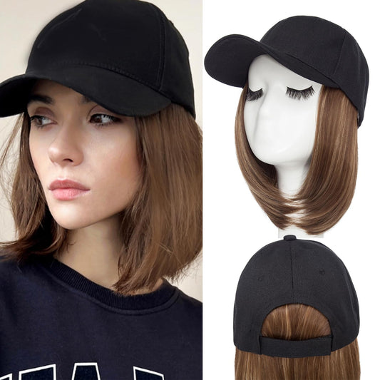 S-noilite 6" Baseball Hats with Hair Attached Short Bob Hairstyle Baseball Cap Wig with Hair Extensions Adjustable Straight Baseball Hat Bob Hair Wig for Women(6in, 10P22T#)