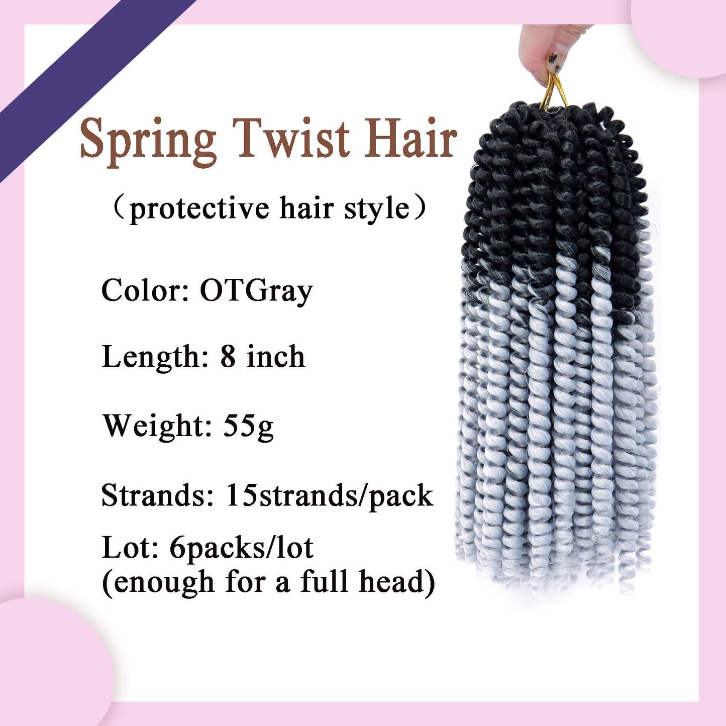 6 Packs Spring Twist Hair Gray 8 Inch Spring Twist Crochet Hair Fluffy Spring Twist Synthetic Fiber Bomb Twist Crochet Braids Low Temperature Twist Crochet Hair for Black Women(OTGray)