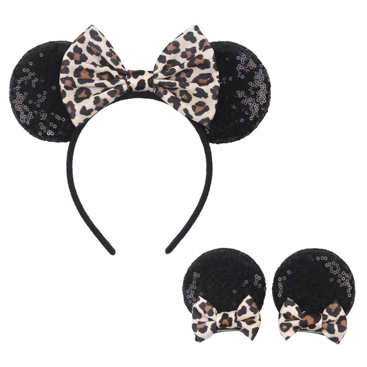 zhezesmila Leopard Mouse Ears Headband Classic Mouse Ears Clips & Mouse Ears Scrunchies for Women,Princess Hat Accessories, Animal-Leopard Party Headwear Cosplay for Adults Girls Boys（Leopardears