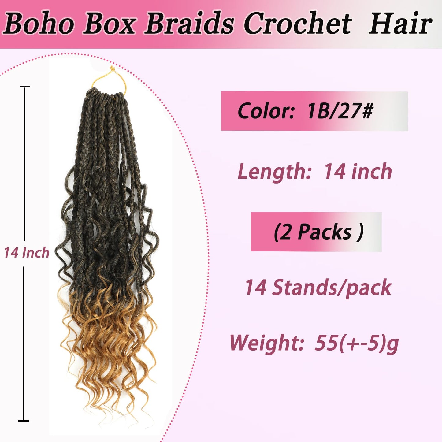 14 Inch Boho Box Braids Crochet Braids Hair-2 Packs Crochet Box Braids Hair Bohomian Box Braid Crochet Hair Synthetic Braiding Hair Goddess Box Braids Crochet Hair for Black Women (1B/27)