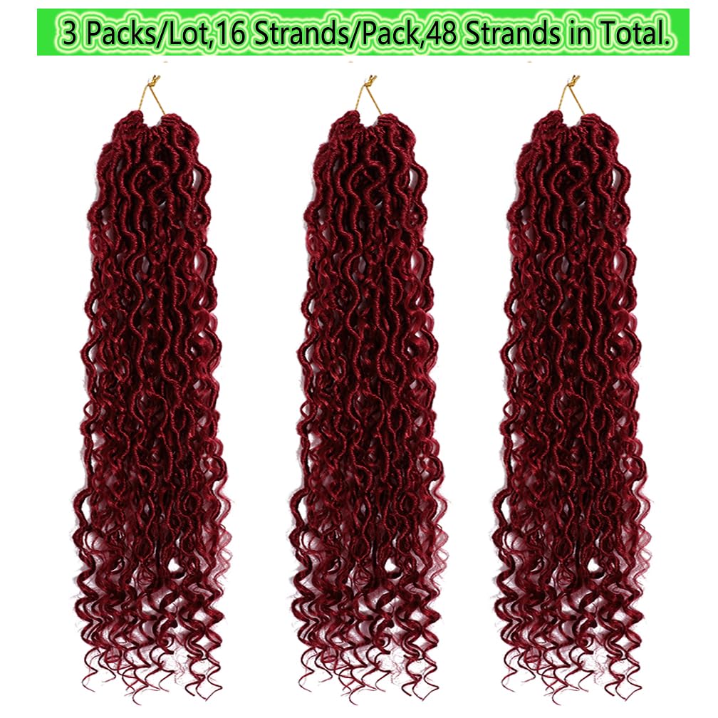 BALINGHAIR Goddess Locs Crochet Hair Burgundy 18 Inch 3 Packs Bohemian Faux Locs Crochet Hair With Curly Ends Pre Looped Hair Extensions 16 Roots/Pack(Bug)