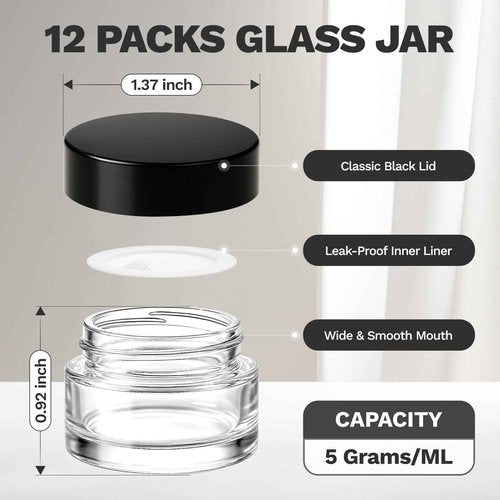 Bumobum 12 Pcs 5 Grams Small Glass Cosmetic Jars with Lids, Lip Balm Sample Containers with Inner Liners for Lip Scrub Makeup Eye Cream Travel
