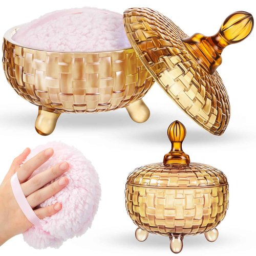 Tioncy 2 Pcs Extra Large Dusting Powder Puff and Container for Women-5.43'' Glass Crystal Dusting Powder Container with 5.91'' Body Soft Washable Reusable Velour Face(Amber,Weave Design)