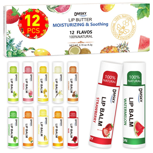 DMSKY 12 Pack Lip Balm, Natural Lip Balm Bulk with Vitamin E and Coconut Oil, Moisturizing Soothing Chapped Lips, Gifts for Women Stocking Stuffers Party Favors