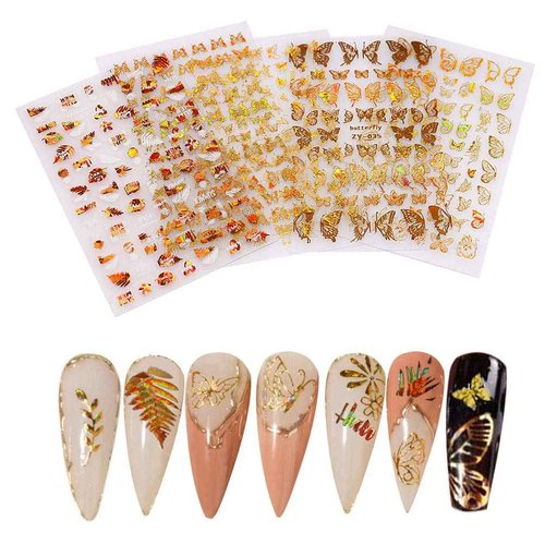 Gold Butterfly Stickers for Nails Maple Leaf Nail Art Self Adhesive Sticker Holographic 3D Nail Decals Laser Nail Foil DIY Nail Art Decorations for Girls Women