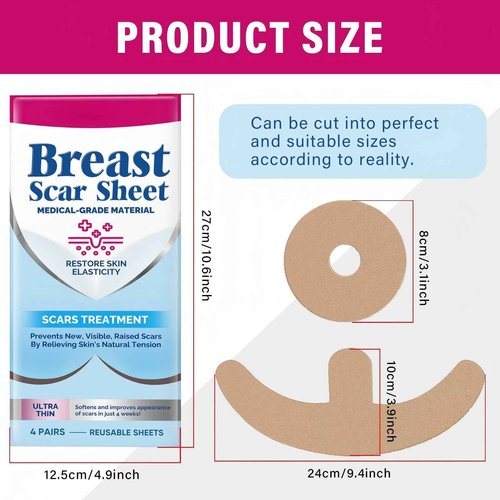 Silicone Scar Sheets, 8 Pcs Medical Grade & Reusable Breast Silicone Scar Tape for Surgical Scars