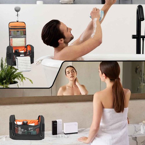 BISKLNDN Toiletry Bag for Men - Tactical Hanging Toiletry Travel Bag Shower Bathroom Organizer for Cosmetics/Shaving/Traveling Toiletries Kit, Portable Case with Handle & Swivel Hook, Black