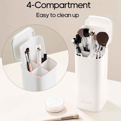 Osuke Makeup Brush Holder with Lid Cosmetic Tools Organizer,One Touch Open 4 Slot Makeup Brush Case with Waterproof Dustproof, Cosmetic Storage for Dresser Vanity and Bathroom Countertop