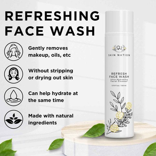 Skin Nation Hydrating Gentle Face Wash with Organic Aloe and Chamomile for Dry, Oily and Sensitive Skin, Paraben Free and Sulfate Free, 5.1 Fl Oz, Made in USA