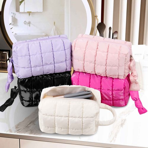 Gosect Puffy Quilted Makeup Bag, Cute Checkered Cosmetic Bags with Divider, Waterproof Travel Toiletry Bag, Make up Pouch for Women & Girls Travel Essentials (Bow, Pink, Medium)