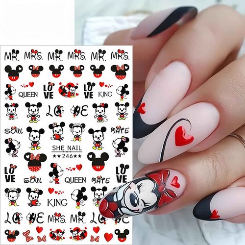 Cute Nail Art Stickers 6 Sheets - 3D Self Adhesive Cartoon Nail Decals for Valentine's Day - Heart Kawaii Charms for Women Girls - Nail Decoration Supplies