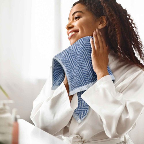 Cleanbear Wash Cloths for Your Face and Body, 12 Washcloths for Showering with Decorative Herringbone Stripes, 100% Cotton, Light Blue, 13 x 13 Inches
