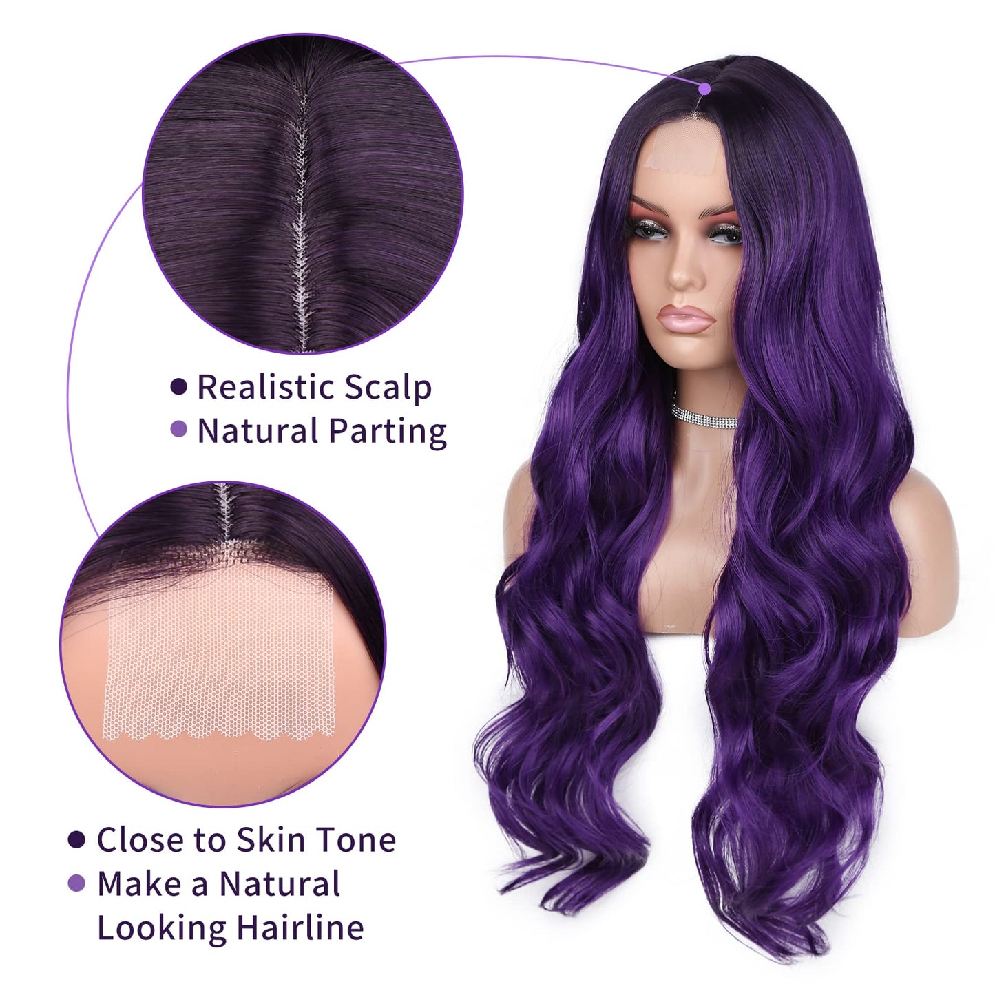 FAVE Ombre Wig Purple Wig Long Curly Wavy Wig Heat Resistant Synthetic Wig Dark Roots Puple Wigs for Women Daily Party Cosplay