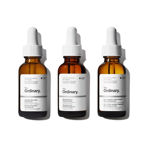 The Ordinary Antioxidant Collection - Skin Care Bundle Set For Age Support - Ascorbyl Glucoside Solution 12%, Resveratrol 3% + Ferulic Acid 3%, 100% Organic Cold-Pressed Rose Hip Seed Oil