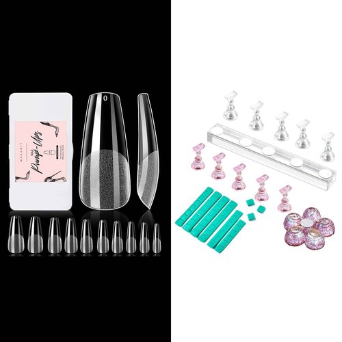 Makartt Acrylic Nail Stand Nail Practice Stand Magnetic Nail Tips Practice Bundle with Makartt 500Pcs Soft Gel Full Cover Nail Tips, Medium Coffin Clear Fake Nail Tips