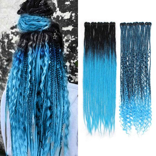 Sangtok 10 PCS Mixed Clip in Dreadlock Extensions, 24 inch Synthetic Dreads Extensions, Thin Straight Dreadlock for Women, 1b-blue