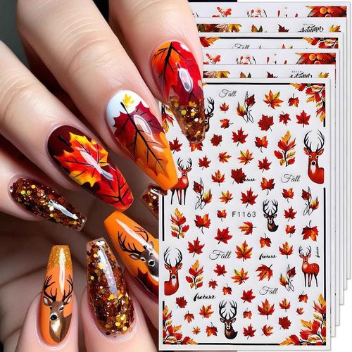 Fall Nail Art Stickers Autumn Maple Leaf Nail Decals 6PCS Autumn Leaves Deer Design 3D Self-Adhesive Nail Art Decorations Supplies Fall Stickers for Nails Women Thanksgiving Day DIY Manicure Decor